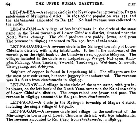 Letpadaw in British Governemt's Upper Burma Gazetteer (1901)